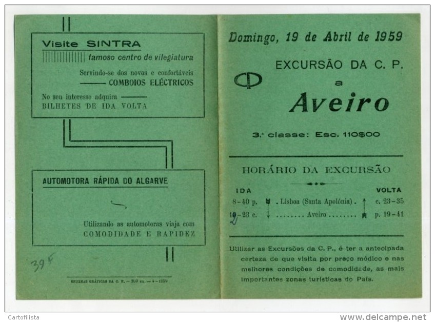 Portugal, Aveiro - Excursão Da C.P. 1959, Horário, Timetable, Comboio, Train  (2 Scans) - Europa