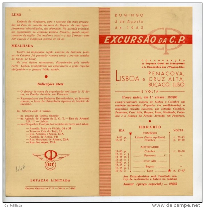 Portugal, Lisboa A Penacova, Bussaco, Luso - Excursão Da C.P. 1962, Horário, Timetable, Comboio, Train  (2 Scans) - Europe