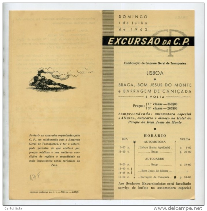 Portugal, Lisboa A Braga, Bom Jesus, Barragem - Excursão Da C.P. 1962, Horário, Timetable, Comboio, Train  (2 Scans) - Europe