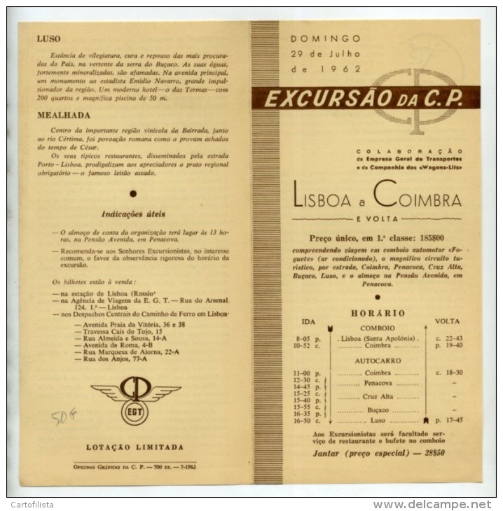 Portugal, Lisboa A Coimbra - Excursão C.P. 1962, Horário, Timetable, Comboio, Train  (2 Scans) - Europe