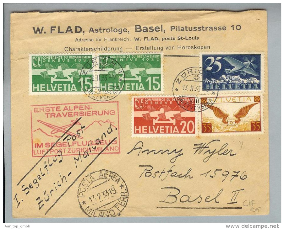 Schweiz Flugpost 1933-02-13 Erste Alpentraversierung Im Segelflugzeug - Erst- U. Sonderflugbriefe