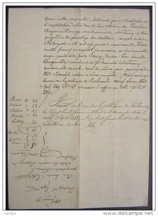 1860 Nevian  (Aude) Hypothèque Au Profit De Séverin Ribezauter Contre Le Sieur Just Saury - Manuscrits