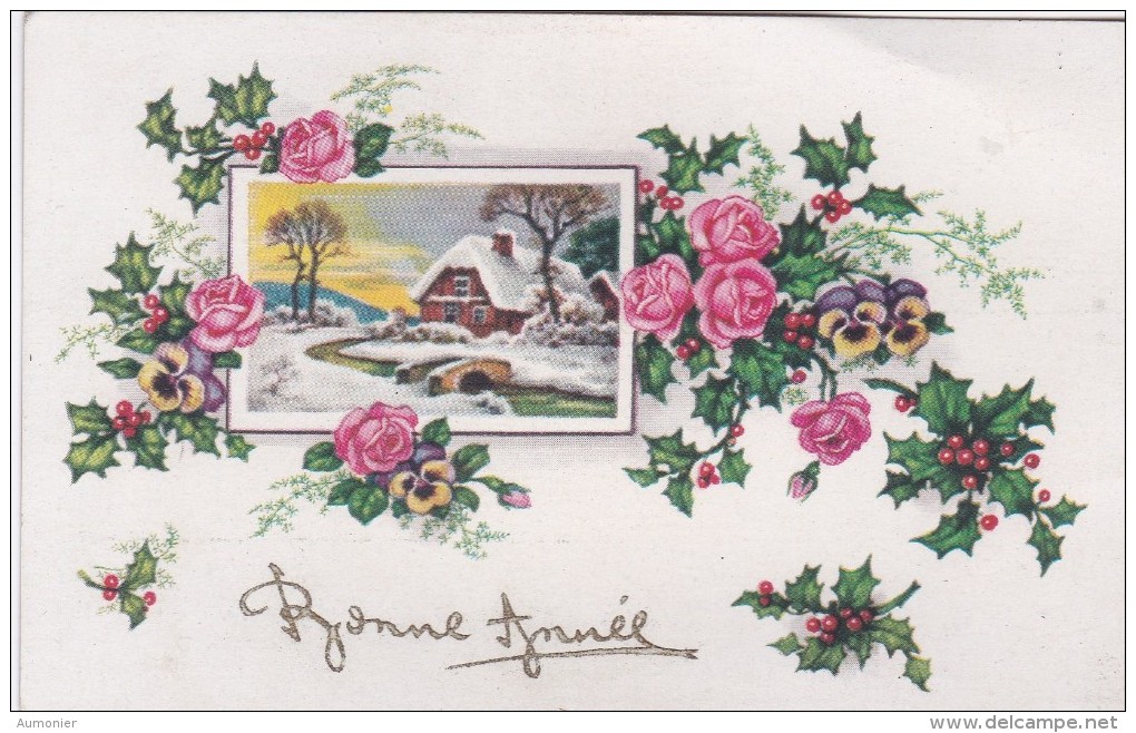 Carte Bonne Année . Fleurs . Paysage . Houx - Neujahr