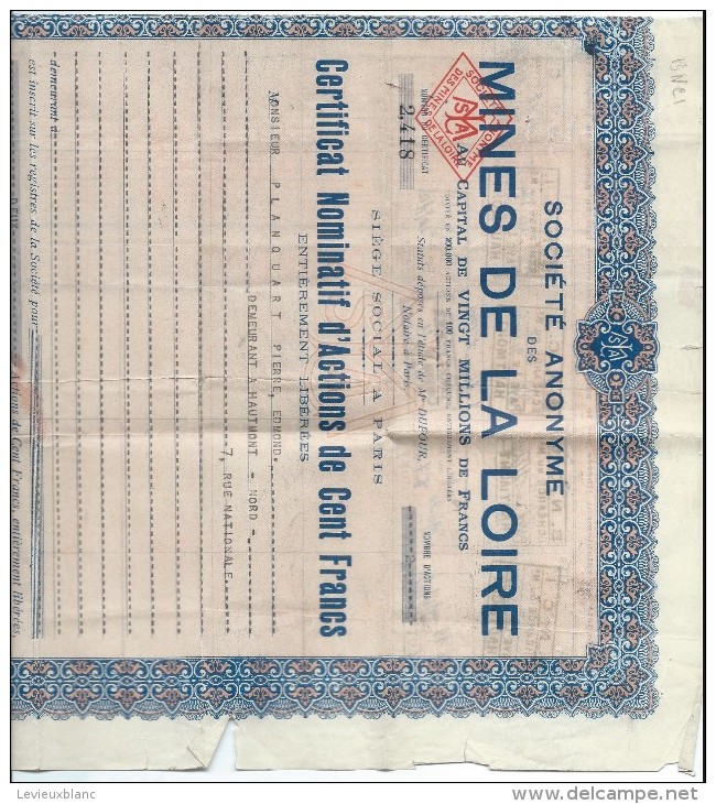 Mines De La Loire/Certificat Nominatif D´Actions De  Cent Francs/Paiement Dividendes/Chaix/Paris/1943    ACT98 - Mines