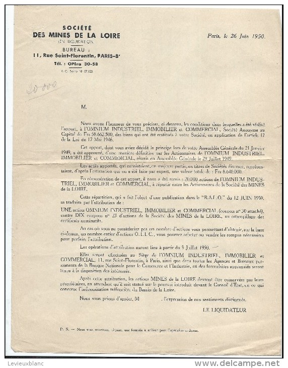 Mines De La Loire/Certificat Nominatif D´Actions De  Cent Francs/Paiement Dividendes/Chaix/Paris/1943    ACT98 - Mines