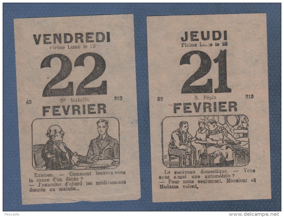 2 FEUILLETS DE CALENDRIER HUMORISTIQUE ANCIEN ( 1918 ? ) JEUDI 21 ET VENDREDI 22 FEVRIER - Otros & Sin Clasificación