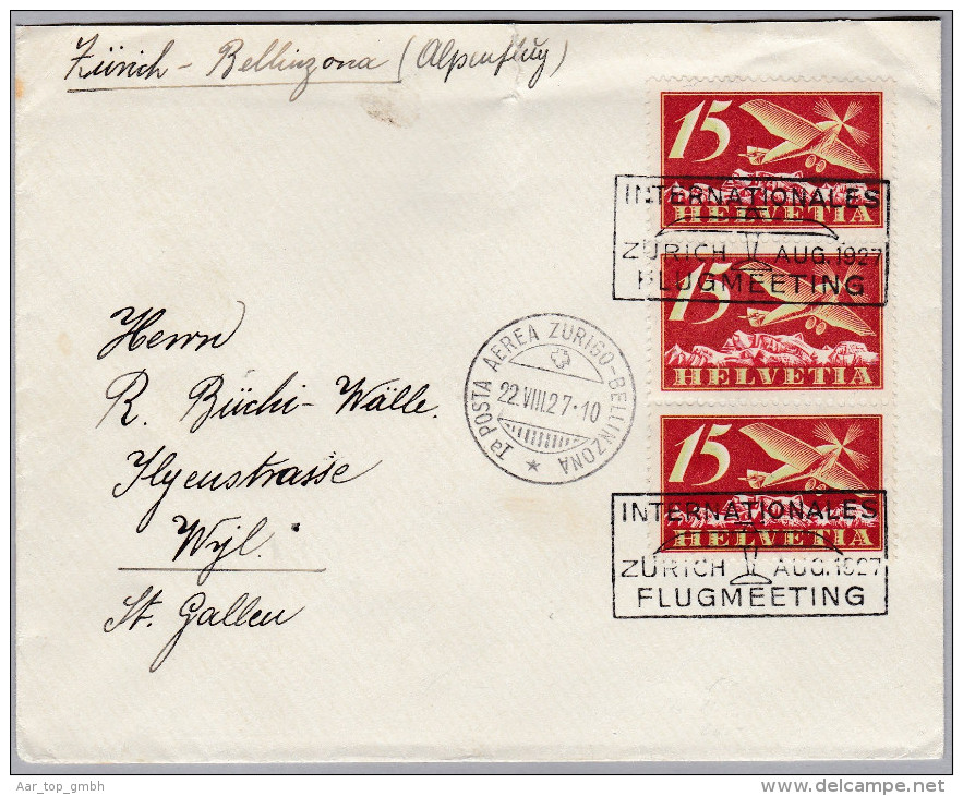 Schweiz Flugpost 1927-08-22 Zürich-Bellinzona Flugmeeting Brief Nach St. Gallen - Primi Voli