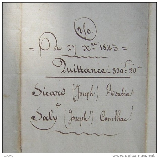 Canton De Narbonne, 1843 Quittance Joseph Sicard De Roubia à Joseph Sacly De Cassilhac - Manuscrits