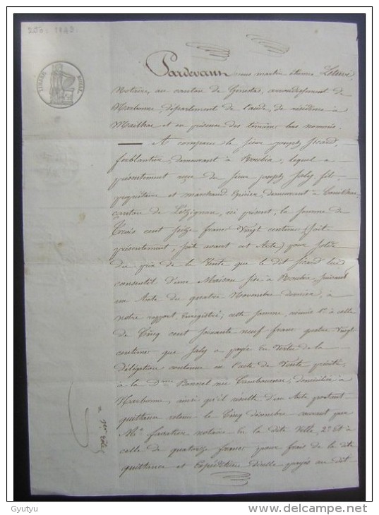 Canton De Narbonne, 1843 Quittance Joseph Sicard De Roubia à Joseph Sacly De Cassilhac - Manuscrits