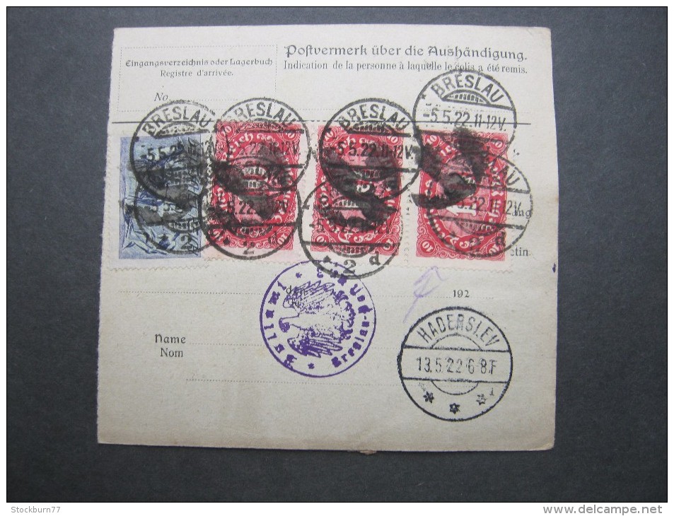 1922 , Paketkarte  Aus Breslau   Nach  Dänemark  Mit Seltenem Korkstempel Als Entwertung - Briefe U. Dokumente