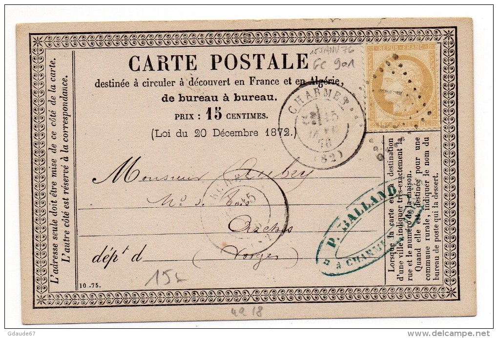 1876 - CARTE PRECURSEUR N°18 De CHARMES (VOSGES) Avec GC 901 - 1849-1876: Période Classique