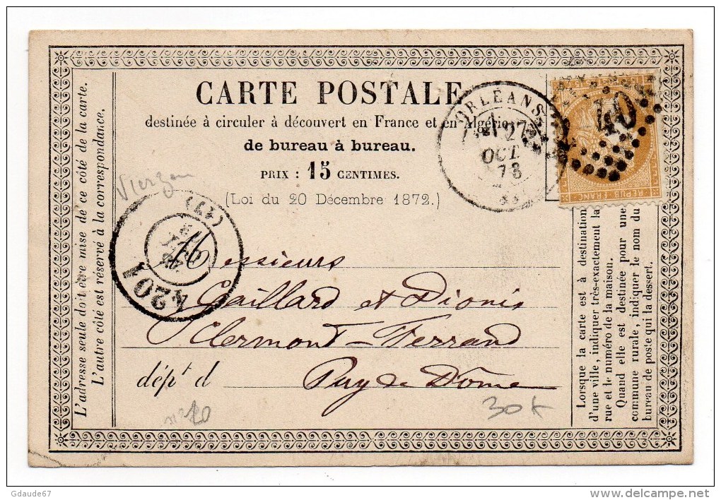 1873 - CARTE PRECURSEUR D´ORLEANS Avec CACHET BUREAU DE PASSE 4201 De VIERZON (CHER) - 1849-1876: Période Classique