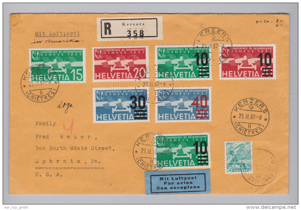 Schweiz Flugpost 1937-02-25 Kerzers Bedarfs-R-LP-Brief N.USA Interess.Frankatur - Erst- U. Sonderflugbriefe