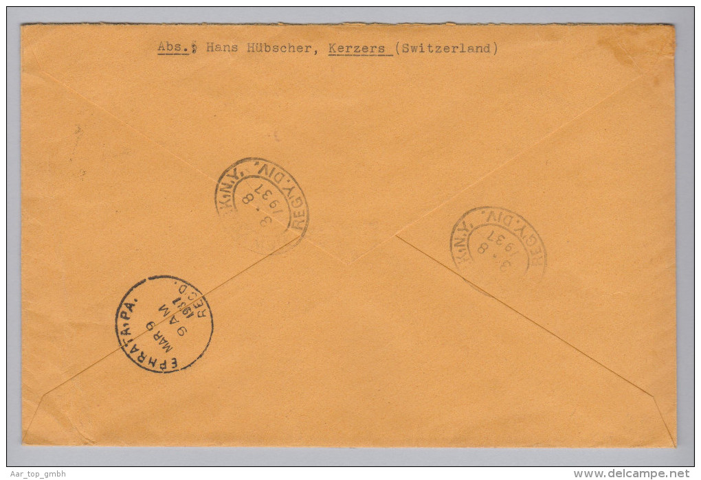 Schweiz Flugpost 1937-02-25 Kerzers Bedarfs-R-LP-Brief N.USA Interess.Frankatur - Erst- U. Sonderflugbriefe