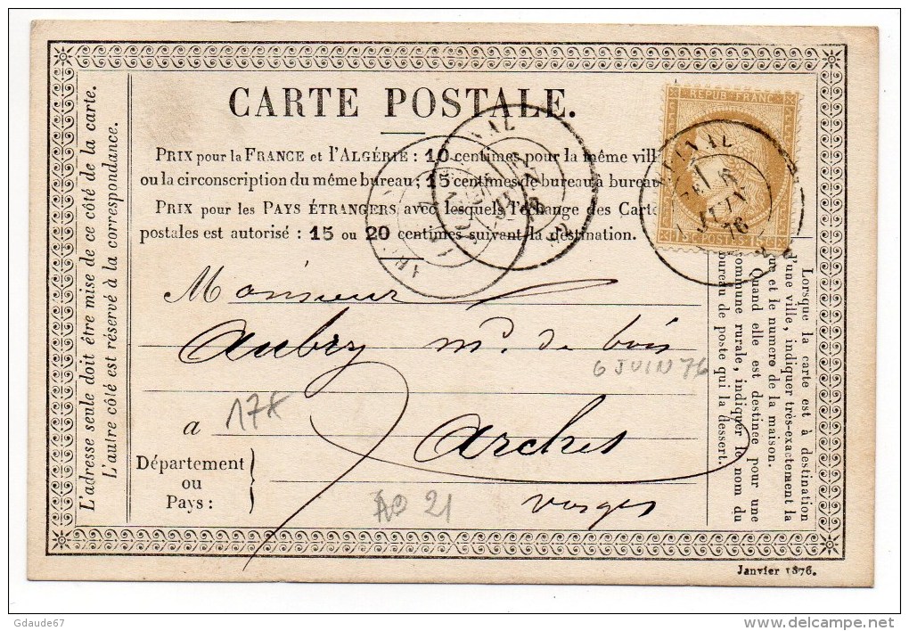 1876 - CARTE PRECURSEUR N°21 D'EPINAL (VOSGES) Avec TYPE 17 - CACHET COMMERCIAL AU DOS - 1849-1876: Période Classique