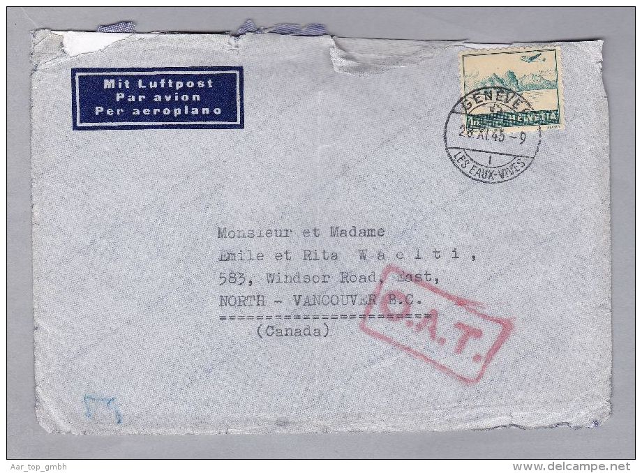 Schweiz Flugpost 1945-11-28 Genève 6 O.A.T. Brief Nach Canada Vancouver - Primi Voli