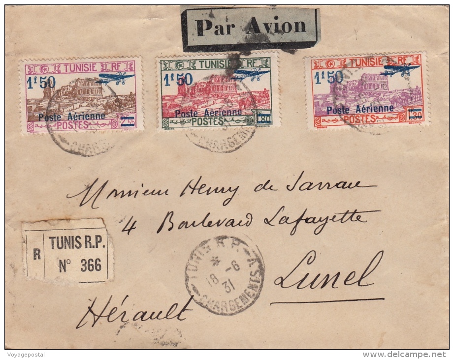 Lettre Recommandé Tunis Poste Aérienne Pour La France 1931 - Luftpost