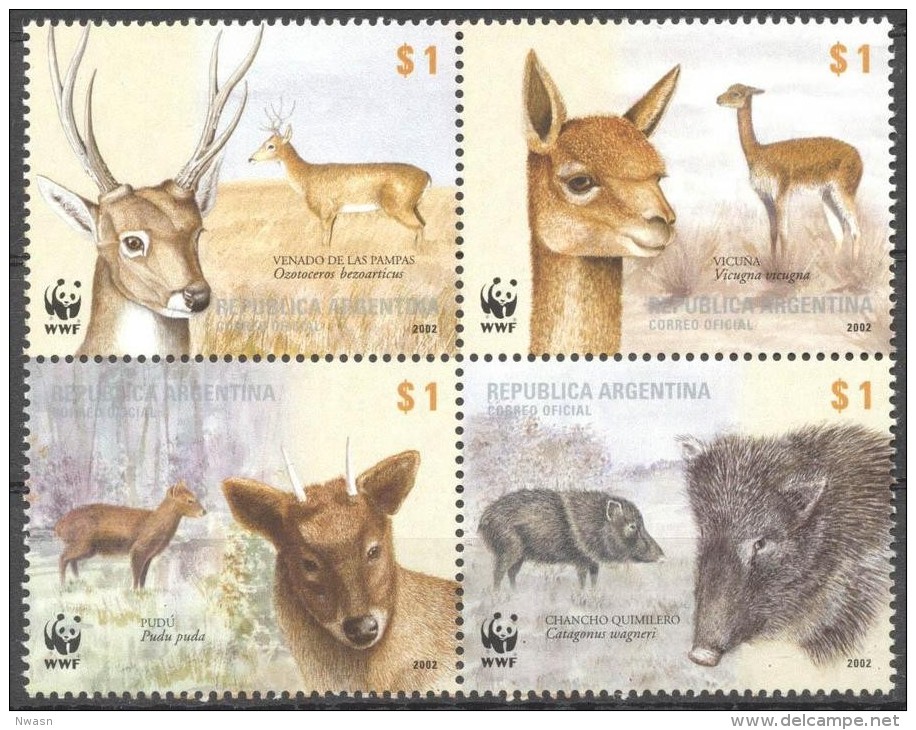 WWF Argentina 2002 Pampas Deer Vicugna Pudu Peccary MNH 2x2 Block - Unused Stamps