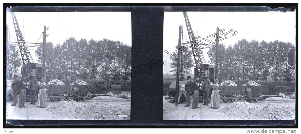 2 Négatifs Stéréo Verre. Grue De Chargement à Vaux. 1900-10. - Photos Stéréoscopiques