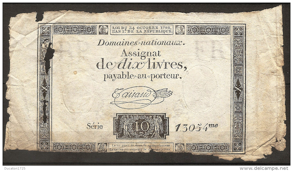 Assignat 10 Livres 24/10/1792. France. Filigrane RP-FR - Assignats