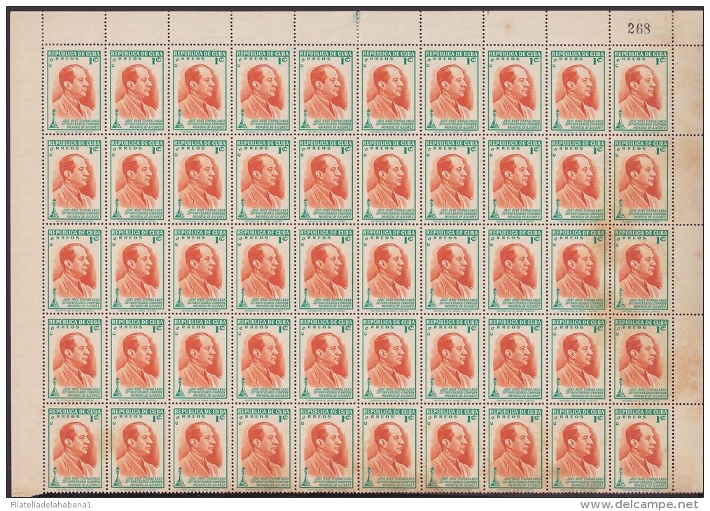 1951-167 (LG-264) CUBA 1951 1c CAPABLANCA AJEDREZ CHESS COMPLETE SHEET IN 2 BLOCK OF 50. ORIGINAL GUM. - Neufs