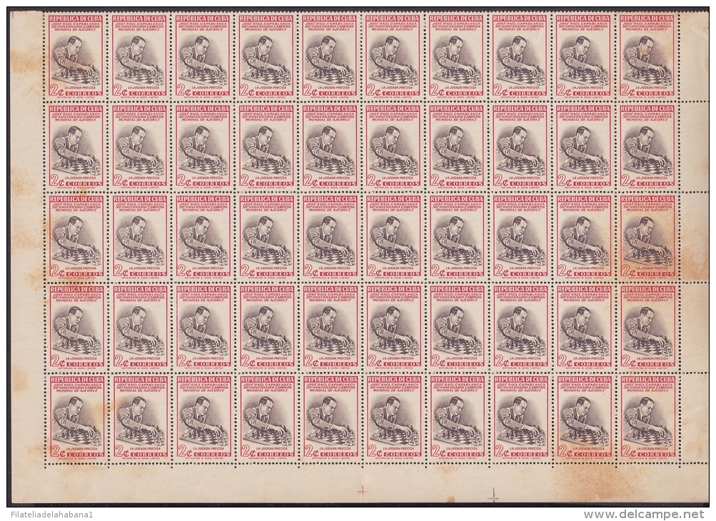 1951-168 (LG-265) CUBA 1951 2c CAPABLANCA AJEDREZ CHESS BLOCK OF 50. ORIGINAL GUM. - Ungebraucht