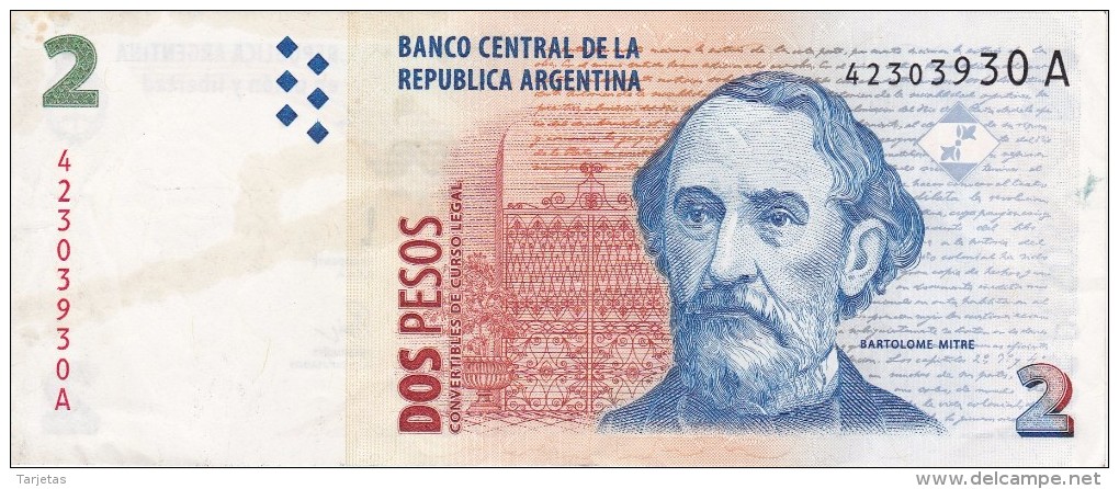 BILLETE DE ARGENTINA DE 2 PESOS CONVERTIBLES - BARTOLOME MITRE (BANKNOTE) - Argentina