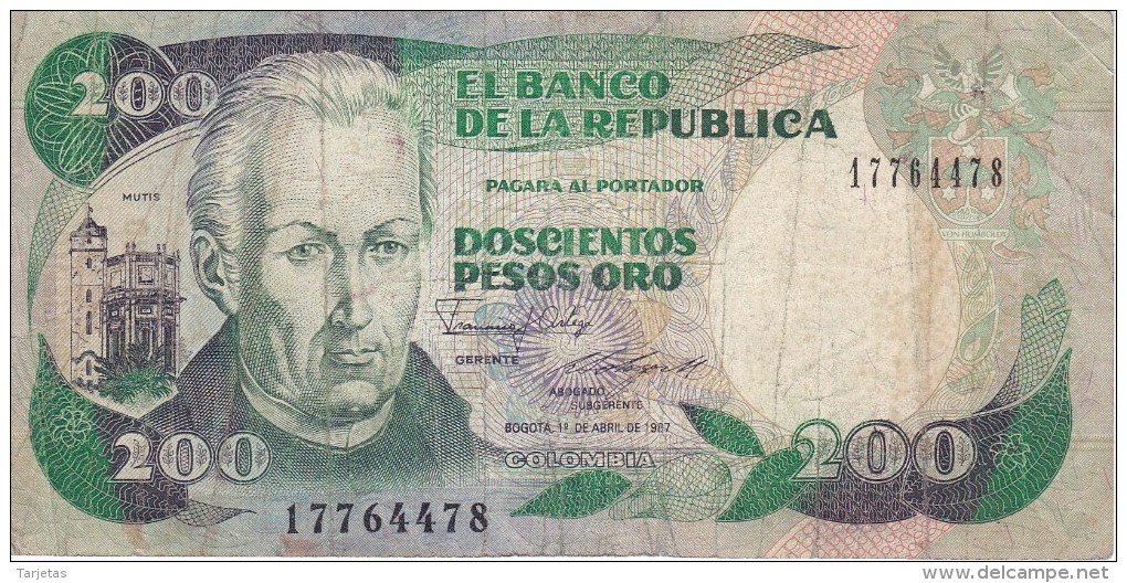 BILLETE DE COLOMBIA DE 200 PESOS DE ORO DEL AÑO 1987 CALIDAD RC  (BANK NOTE) - Colombia