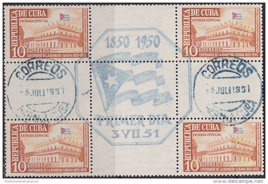 1951-177 CUBA. REPUBLICA. 1951. Ed.452. 10c CENTENARIO DE LA BANDERA. FLAG USED CENTER OF SHEET. - Usati