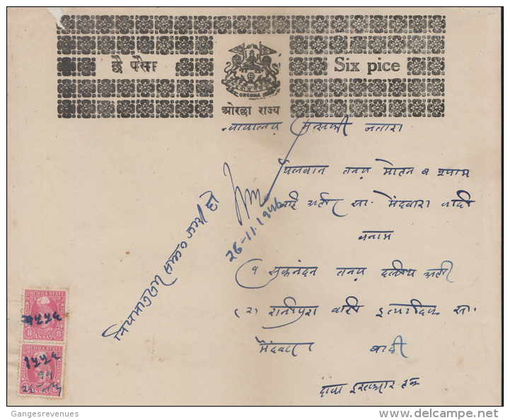 ORCHHA State  8A Pair  Postage & Revenue Stamp On 6 Pies  Stamp Paper Type 4 # 89910 Inde Indien Fiscaux Fiscal Revenue - Orchha