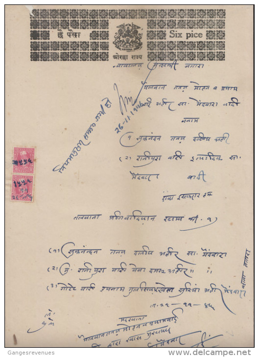 ORCHHA State  8A Pair  Postage & Revenue Stamp On 6 Pies  Stamp Paper Type 4 # 89910 Inde Indien Fiscaux Fiscal Revenue - Orcha