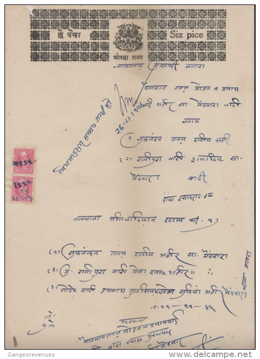 ORCHHA State  8A Pair  Postage & Revenue Stamp On 6 Pies  Stamp Paper Type 4 # 89910 Inde Indien Fiscaux Fiscal Revenue - Orchha