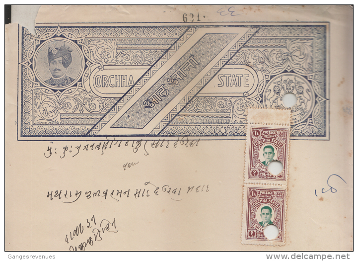 ORCHHA State  1A Pair  Postage & Revenue Stamp On  8A  Stamp Paper Type 25 # 89909 Inde Indien Fiscaux Fiscal Revenue - Orchha