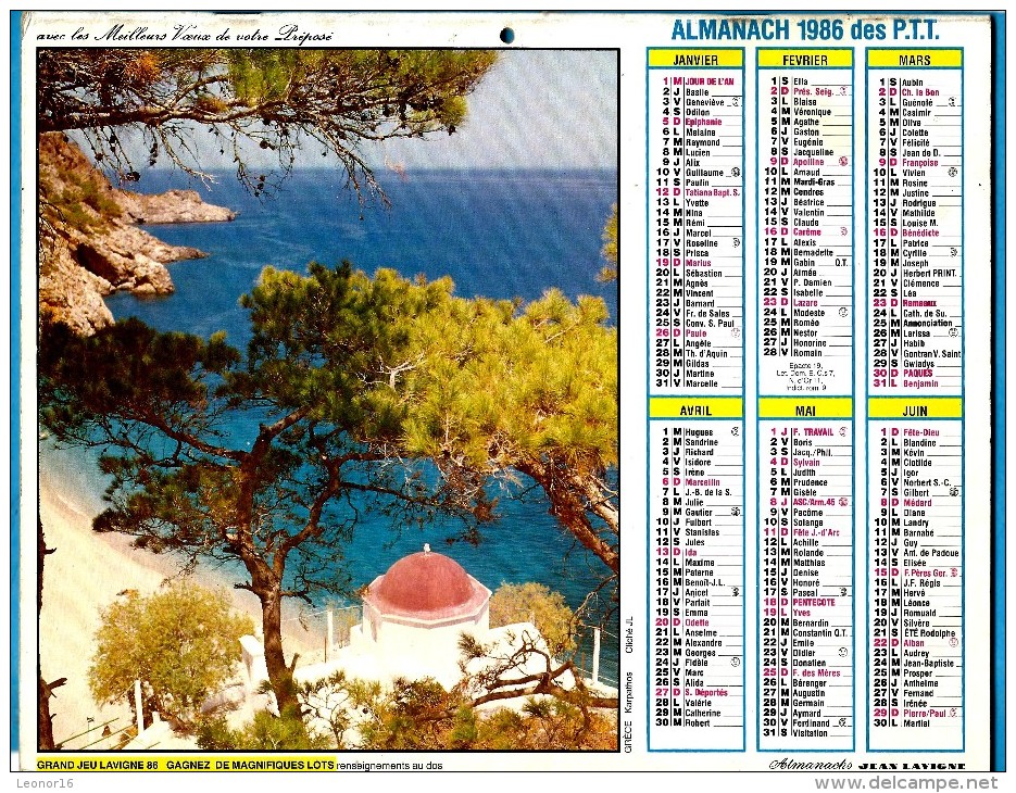 ALMANACH DES P.T.T 1986 (57)  -  Complet ** KARPATHOS (Grèce) - LAC DE THUN (Suisse) ** Calendrier * JEAN LAVIGNE * - Tamaño Grande : 1981-90