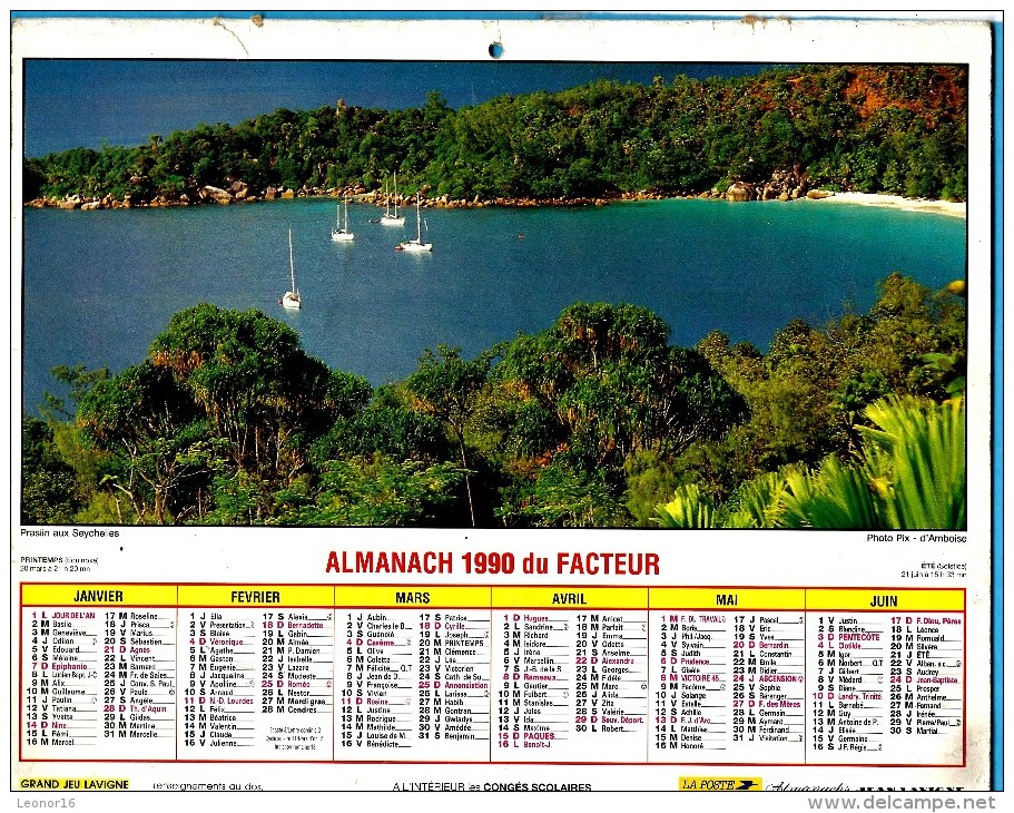 ALMANACH DES P.T.T 1990 (57)  -  Incomplet ** PRASLIN AUX SEYCHELLES - MARTINIQUE ** Calendrier * JEAN LAVIGNE * - Big : 1981-90