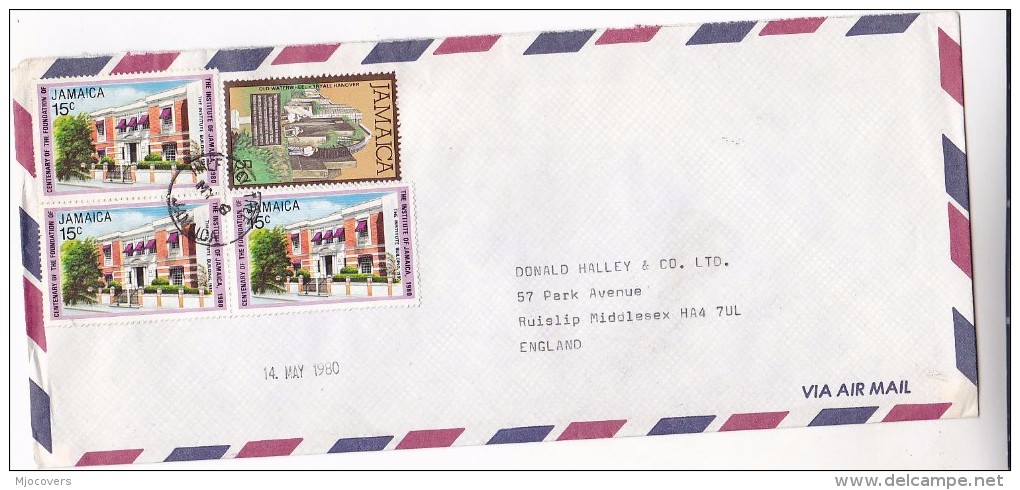 1980 Air Mail JAMAICA COVER Multi Stamps  INSTITUTE OF BUILDING  Architecture - Jamaica (1962-...)