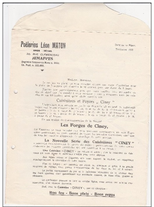 Lettre Publicité De Jemappes ,poelerie Léon Maton Pour Les Forges De Ciney (cuisinière) - Publicités
