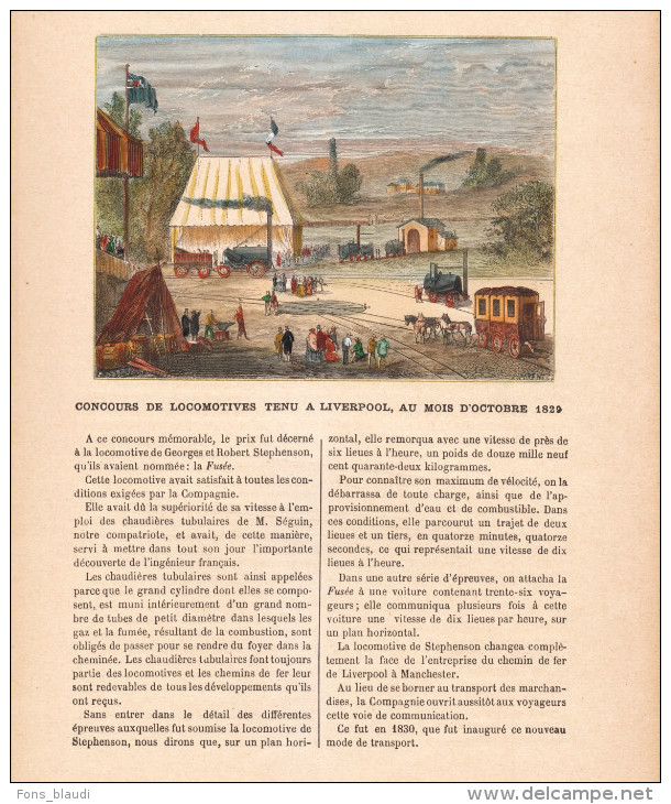 1897 - Gravure Sur Bois - Concours De Locomotives Tenu à Liverpool Au Mois D'octobre 1829 - FRANCO DE PORT - Eisenbahnverkehr