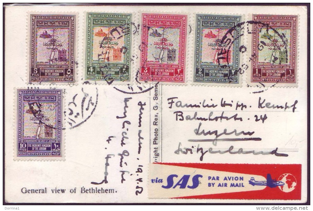 Jordanian Jordan 1952 Jerusalem Airmail Postcard Via "SAS" - Scandinavian Airlines - Jordan