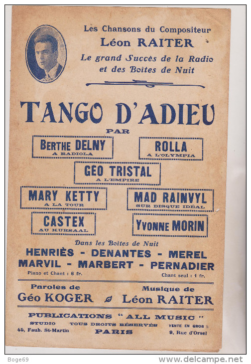 (gb8)tango D'adieu , BERTHE DELNY , ROLLA , MARY KETTY , Paroles : GEO KOGER , Musique : LEON RAITER - Partitions Musicales Anciennes