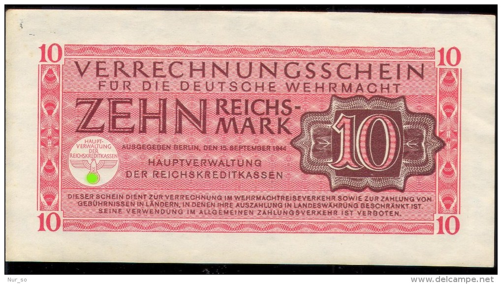 Wehrmacht Verrechnungsschein 10 MARK 1944 WWII Bank Note Germany Third Reich - Verrechnungsscheine - Dt. Wehrmacht