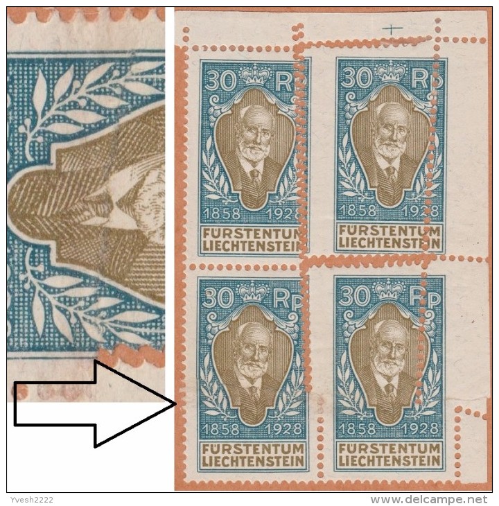 Liechtenstein 1928 Y&T / Michel 84. Bloc De 4, Impression Sur Raccord, Causant Un Saut De Dentelure. Timbre Rare Jean II - Abarten