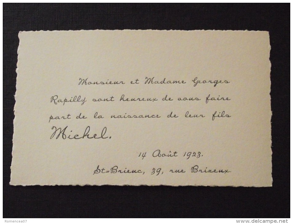 22 SAINT-BRIEUC - Faire-Part De Naissance De Michel RAPILLY - Le 14 Août 1923 - A VOIR ! - Birth & Baptism