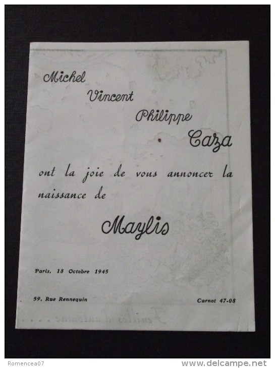 PARIS XVIIe - Faire-Part De Naissance De Marylis CAZA - Le 18 Octobre 1945 - A VOIR ! - Birth & Baptism
