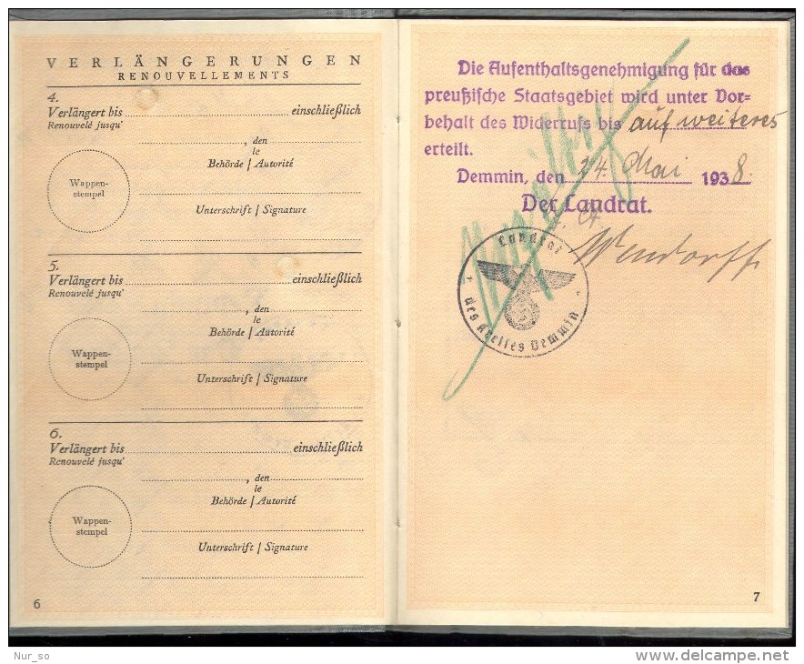 Fremdenpass Reisepass DR 1938 Demmin Passport Germany Third Reich - 1939-45