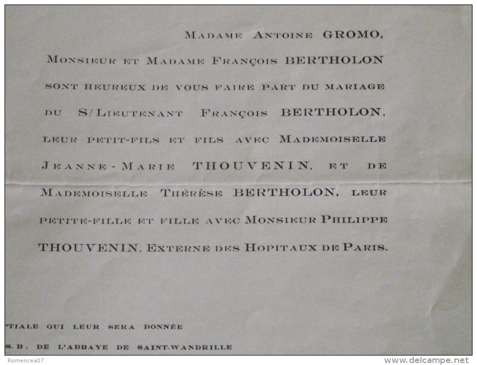 PARIS Ve - Faire-Part De Mariage Entre François BERTHOLON, S/Lieutenant Et Jeanne-Marie THOUVENIN - 13 Août 1947 - Mariage