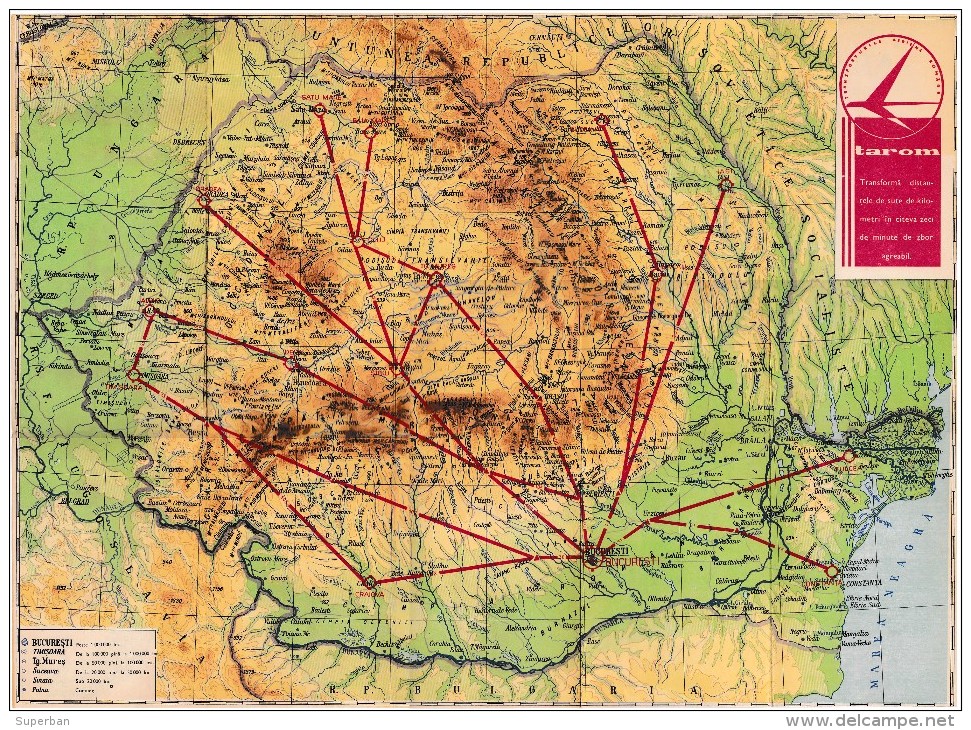 AVIATION CIVILE : ROUTE MAP / CARTE De ROUTE PUBLICITAIRE : TAROM - ROUMANIE - ANNÉE ~ 1960 -´65 - TRÈS RARE !!! (t-989) - 1946-....: Moderne