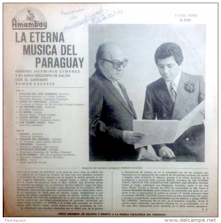 Disco Vinilo (LP) LA ETERNA MUSICA DEL PARAGUAY - HERMINIO GIMENEZ - CON FIRMA - WITH THE SIGNATURE - Formatos Especiales