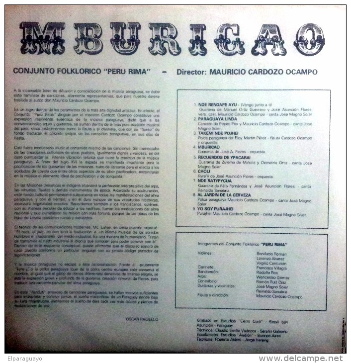 Disco Vinilo (LP) MBURICAO - MAURICIO CARDOZO OCAMPO - PARAGUAY - Formatos Especiales