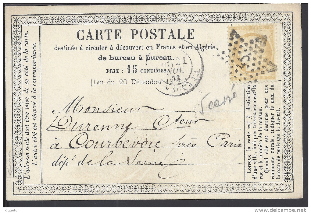 FR - 1873 - CARTE POSTALE DE PARIS VERS COURBEVOIE AFFR. 15 Cts CERES OBLITERE ETOILE CHIFFRE 5 + PETITE VARIETE 5 CASSE - 1871-1875 Cérès